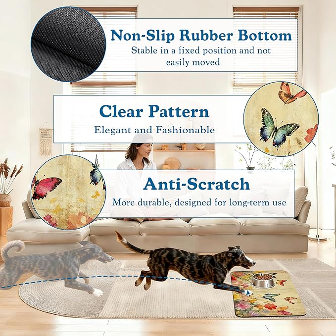 Vintage Butterfly Floral Pet Food Mat for Cats and Dogs–Christmas Stocking Absorbent Quick Dry Feeding Placemat, Non Slip Rubber Base, Waterproof Bowl Mat for Indoor Use, Pet Supplies 16"x24"