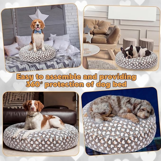 Youyole Large Washable Round Dog Bed Cover Replacement Waterproof 45 x 45 x 11 in Round Donut Bed Cover for Dog Soft Gray Pet Beds Protector Sheet with Lovely Heart Print for Donut Beds & Pet Couch