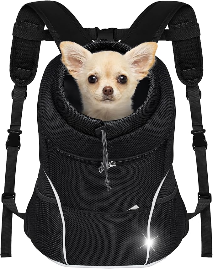 YUDODO Dog Front Carrier Backpack, Adjustable Breathable Pet Carrier for Small Dogs, Ventilated Puppy Back Pack with Safety Belt, Lightweight Doggy Backpack for Hiking Outdoor (Jet Black, M)