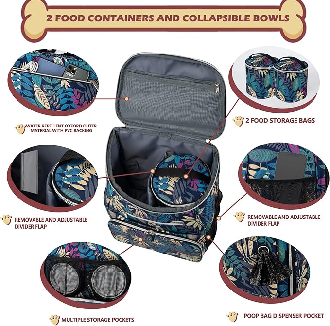 BAGLHER Dog Travel Bag Backpack, Airline Approved Pet Supplies Backpack, Dog Travel Bag with 2 Silicone Collapsible Bowls and 2 Food Baskets Hawaii