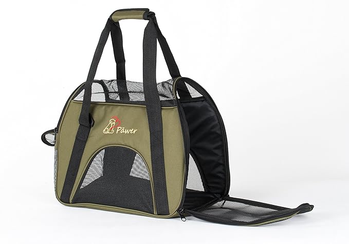 Pawer Soft-Sided Pet Carrier for Cat and Small Dog,Olive Color,Medium Size,Washable 600D Oxford Cloth Airline Approved Travel Tote,with 2 Mesh Opens and a Strap for Carry,Multiple Colors Available