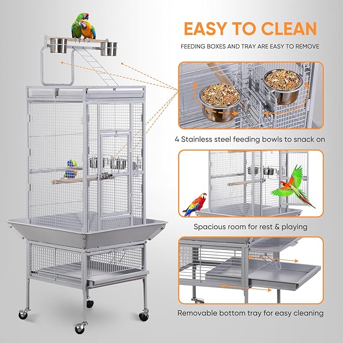 Nova Microdermabrasion 61 Inches Large Bird Cage Play Top Parrot Cockatiel Parakeet Chinchilla Macaw Cockatoo Cage W/Stand Perch Pet Supplies, White