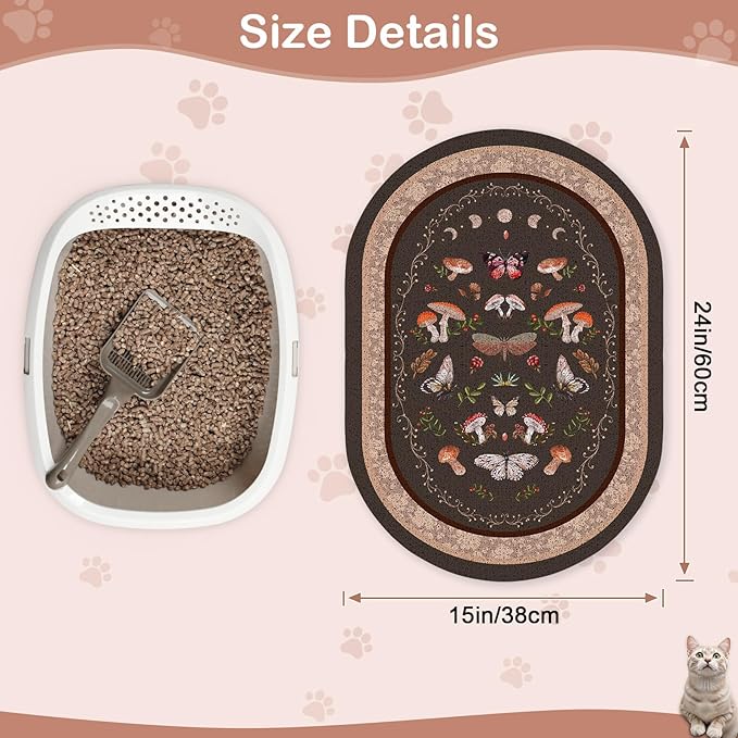 Bienbee Cat Litter Mat, 24" x 15" Litter Box Mat Rug with Non-Slip Bottom,Urine and Water Proof, Easy to Clean Cat Supplies Essentials for Indoor Kitty Kitten Floor, Brown Mushrooms M