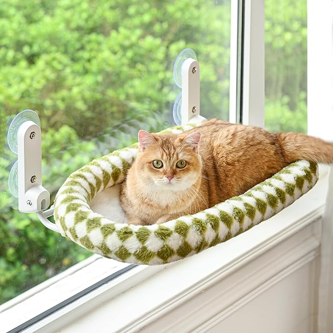Cat Window Perch with Bolster, Cordless Foldable Cat Window Hammock with Strong Suction Cups & Metal Frame, Machine Washable Pet Bed for Indoor Cats (Green, Medium)