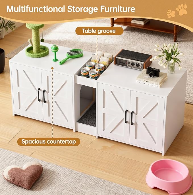 Cat Litter Box Enclosure Furniture - Hidden Litter Box Double Cabinet with Scratch Pad & Cats Bed | Farmhouse Style End Table for Cats | Discreet Cat Washroom for Living Room & Bedroom White