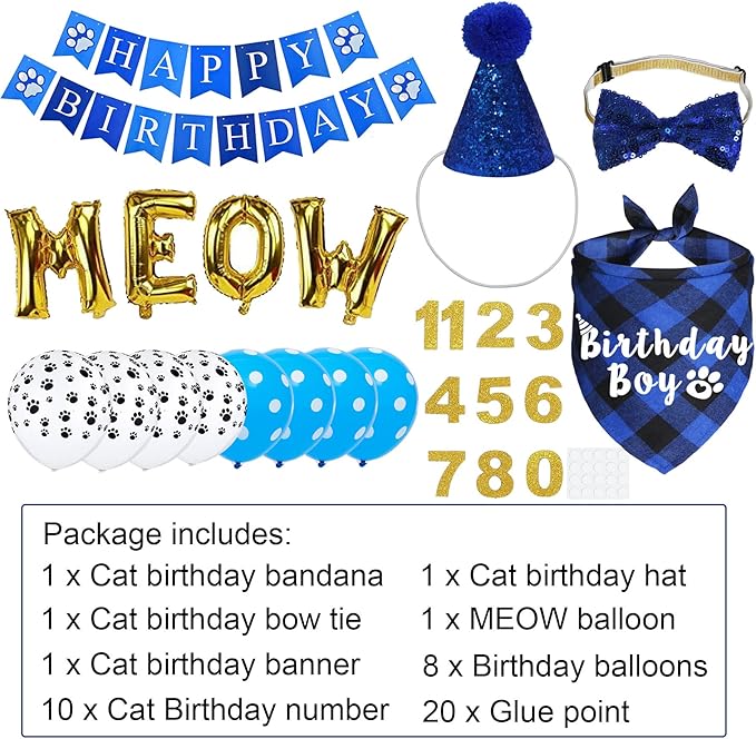 Cat Birthday Party Supplies, Cat Birthday Hat with Number Bandana Bow Tie Banner Balloons Meow Letter Balloons for Cats Kittens Decorations