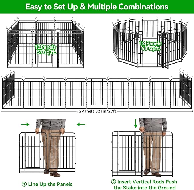 Heavy Duty Dog Playpen: 12 Steel Panels 40" Height, Square Steel Pipe with Reinforced Crossbars, 27FT 57 Sq.ft Portable Fence for Yard RV Camping, Snowy Black