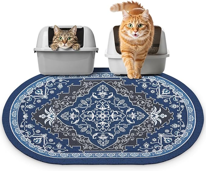 Bienbee Cat Litter Mat, 33" x 22" Large Size Litter Box Mat Rug with Non-Slip Bottom,Urine and Water Proof, Easy to Clean Cat Supplies Essentials for Indoor Kitty Kitten Floor,Navy Geometric L