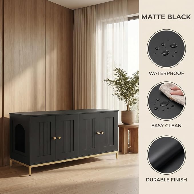 Homhedy Cat Litter Box Enclosure for 2 Cats, Cat Washroom Furniture with Double Room, Pet House with Metal Frame, 47.2”L x 17.7”W x 21.7”H, Black and Gold