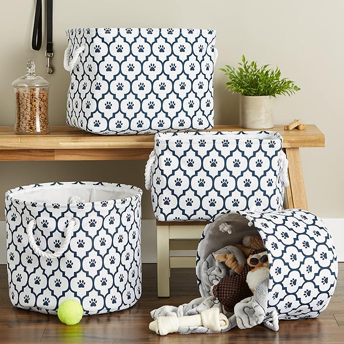 Bone Dry Pet Storage Collection Lattice Paw Print, Small Round, White/Navy