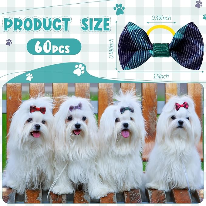 60 Pcs Cute Puppy Dog Hair Bows Small Bowknot Hair Bows with Rubber Bands Handmade Knot Accessories Pet Grooming Products for Holiday Birthday Gift(Plaid)