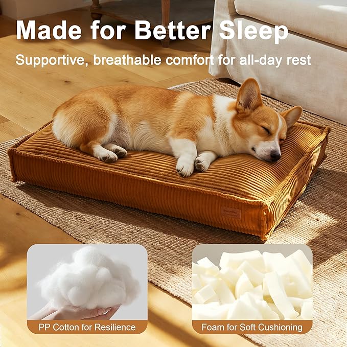 FUKUMARU 5.5-Inch Thick Dog Bed Mat, Washable Cat Bed with Waterproof Lining, Orthopedic Dog Beds for Senior Dogs, Cozy Flat Dog Kennel Bed for Crate, Non-Slip Pet Pillow Bed, Orange