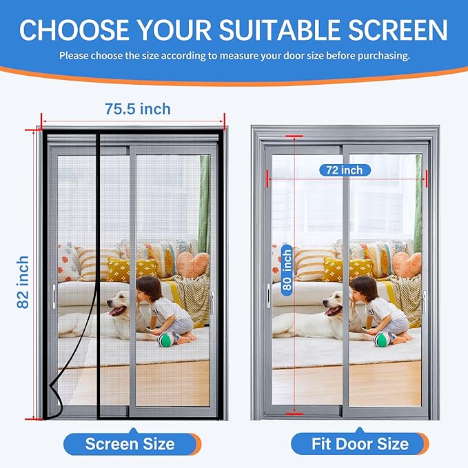 Magnetic Screen Door Mesh Left Right Side Opening Upgraded PET Material Mesh Stronger Than Fiberglass and Polyester,Keep Bugs Out,Pet & Kid Friendly Screen Size 74'' X 82''