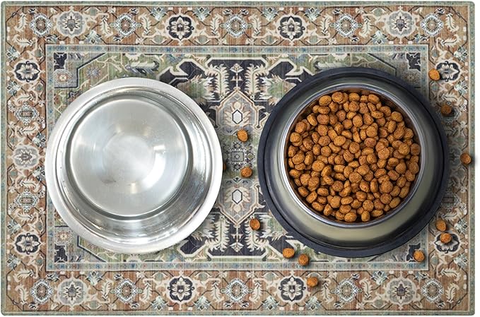 LOVEWAG Waterproof 2-Pack Pet Feeding Mats - 16" x 24" Premium Cat & Dog Food Mat - Non-Slip, Machine Washable Food Mat Protects Floors & Contains Water Bowl Spills - Pet Place Mats (Sage Forest)