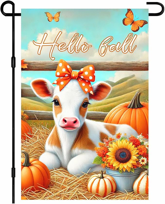 Hello Fall Garden Flag Cute Calf Cow Flag 12x18 Inch Polka Dot Bow Hay Pumpkins Sunflowers Double Sided Outdoor Banner For Front Yard Porch Lawn Patio Seasonal Home Decor Rustic Autumn