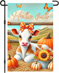 Hello Fall Garden Flag Cute Calf Cow Flag 12x18 Inch Polka Dot Bow Hay Pumpkins Sunflowers Double Sided Outdoor Banner For Front Yard Porch Lawn Patio Seasonal Home Decor Rustic Autumn