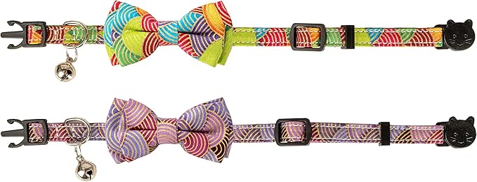 Collar for Cat Pet Breakaway with Bell Bowtie Detachable Bow Adjustable Safety Kitten Puppy Girl Boy 2pcs Kimono-Green & Purple