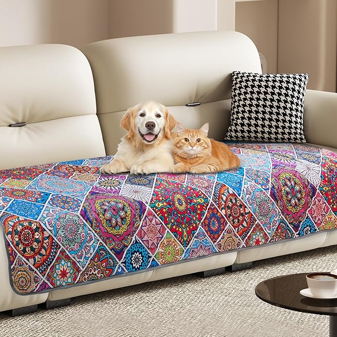 Waterproof Dog Blanket, Bohemian Dog Bed Cover Pet Blanket, Reversible Sofa Couch Cover for Dogs Washable, Protect Furniture Bed Couch Sofa for Puppy Cat (Colorful Medallion, 30×70 Inch)