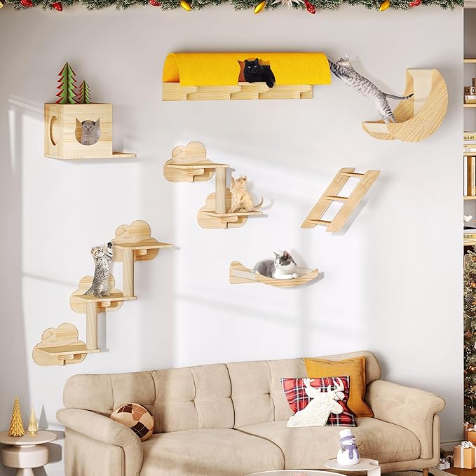 13-in-1 Cat Wall Shelves and Perches, Floating Cat Shelves, Solid Wood Wall Mounted Cat Furniture, Cat Climbing Shelves with Moon Hammock, House, Wall Ladder, Scratching Post and Cat Tunnel