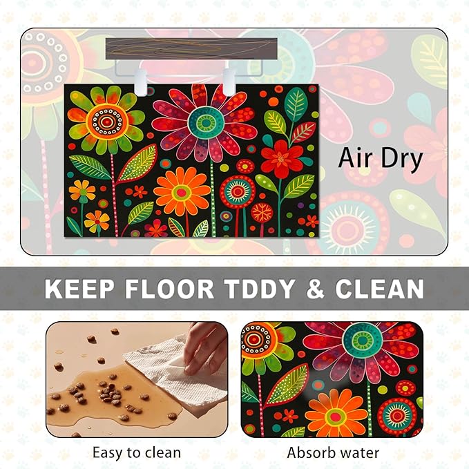 Vibrant Flower Pattern Pet Food Mat Spill-Proof Cat Feeding Mats Non-Slip Mat for Dog Food and Water Bowls Trendy Easy Clean Fast Dry Cat Food Mats for Indoor Cats 20" x 12"