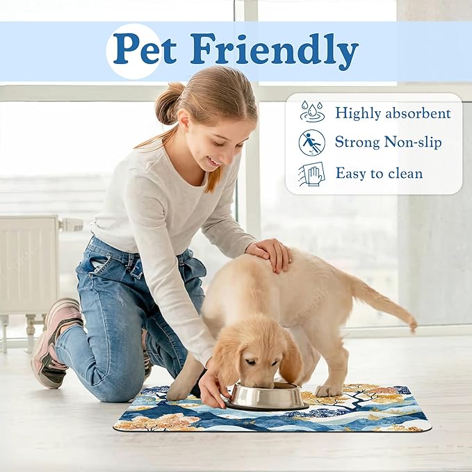 Japanese Wave Tree Dog Food Mat–Christmas Stocking Absorbent Quick Dry Feeding Placemat for Food and Water Bowls, Non Slip Rubber Backing, Waterproof Pet Supplies for Mess-Free Eating 12"x20"