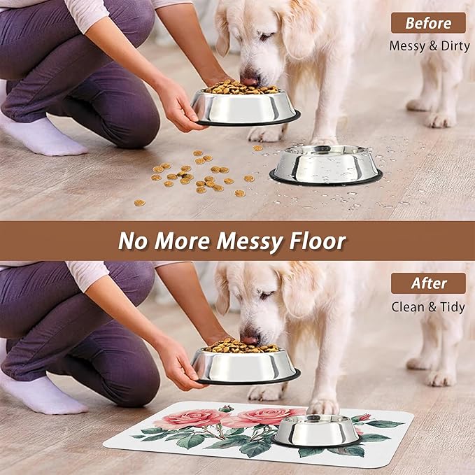 Pink Rose Pet Feeding Mat,Vintage Absorbent Quick-Dry Cat Dog Food and Water Bowl Mats,Non-Slip Rubber Backing Mat,Cat Dog Accessories Supplies 16"x24"
