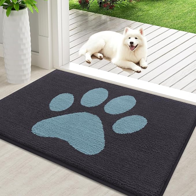 Buganda Dog Door Mat for Muddy Paws, Absorbent Dirt Trapper Non Slip Indoor Doormats, Washable Low-Profile Mat for Mud Dogs, Entryway Carpet for Inside Floor (36x24 Inches, Dark Grey and Blue)