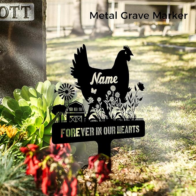 Personalized Metal Chicken Memorial Stake – Custom Farm Pet Grave Marker Tombstone, Outdoor Garden Decor, Chicken Remembrance Plaque, Graveside or Yard Sympathy Sign, Pet Loss Gifts