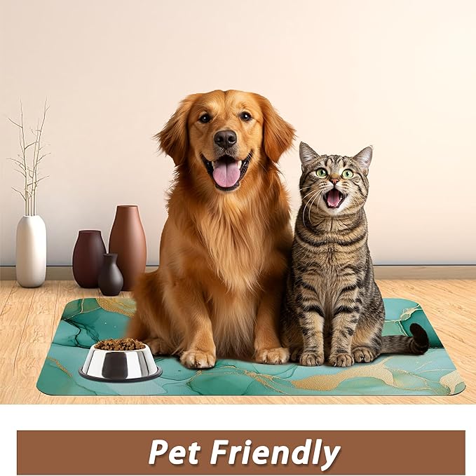 Marble Dog Food Mat for Floors,Green Gold Flowing Marble Absorbent Quick-Dry Pet Feeding Mat,Cat Dog Bowl Mats for Food and Water,Non-Slip Pet Accessories Supplies 12"x20"