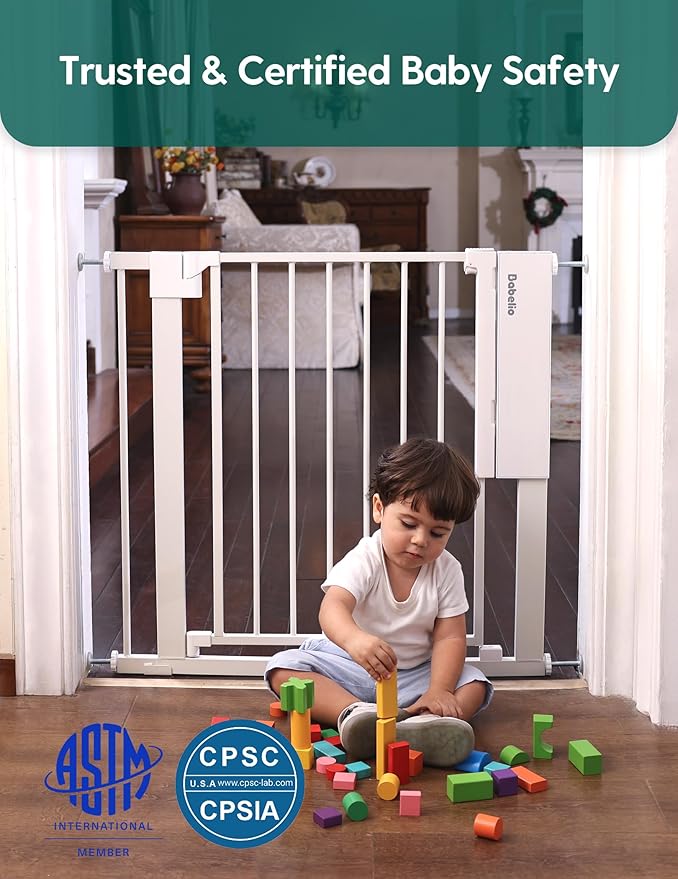 Babelio Smart Baby Gate with Auto-Unlock/Close, Pressure Mounted No Drill for Doorways/Top of Stairs. Pet/Dog Door Wide Walk Thru w/Infrared Sensor & Instant Safety Alert (White, 26.3-37.8" W, 30" H)