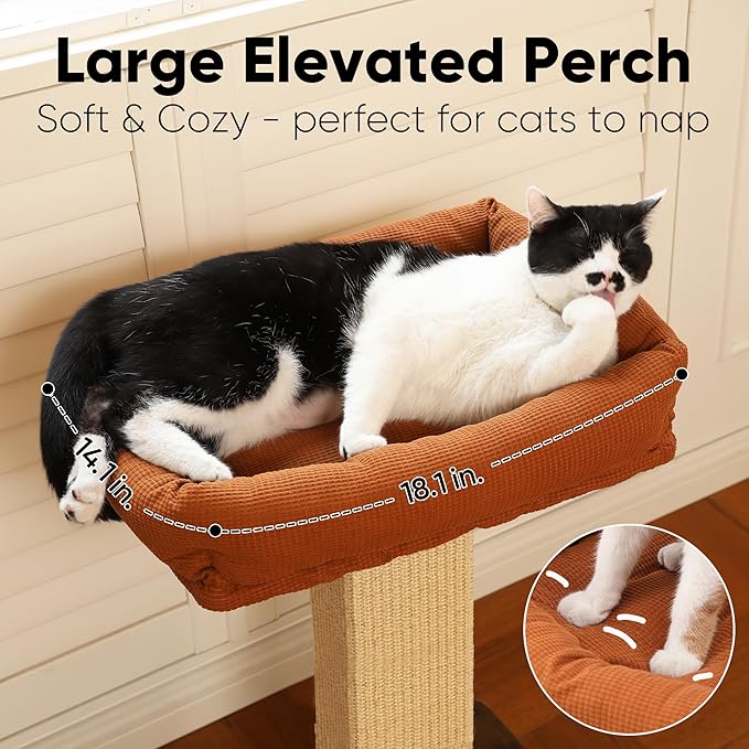 FUKUMARU Cat Scratching Post, Retro-Style Tall Scratch Posts with Perch for Infoor Cats Adults, Large Cat Scratcher Tower with Bed, Natural Sisal & Solid Wood