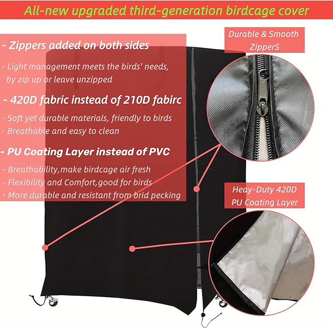 Universal Birdcage Cover Blackout & Breathable for Pets' Good Night, Bird Parrot Cage Cover Durable Washable for Parakeets Lovebirds Budgies Macaw Conure Square Cages, Large (26" L x 19" W x 40" H)