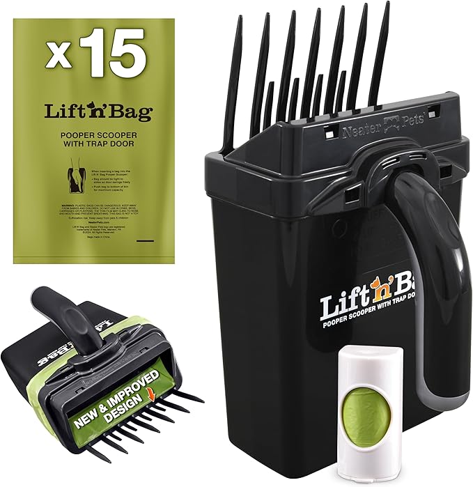 Neater Pet Brands Lift N’ Bag 2.0 Dog Pooper Scooper with Bag Attachment for Small to Large Dogs, New & Improved Design, 15 Refill Bags, Heavy Duty Dog Poop Scooper for Yard & Walks, One-Hand Use