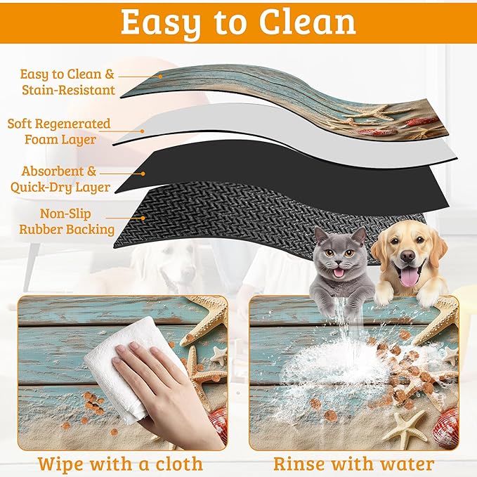 Sand Starfish Dog Cat Food Mat,Wood Board Absorbent Waterproof Placemat for Food and Water Non Slip Rubber Backing Durable Feeding Pad for Clean Floors 12" x 20"