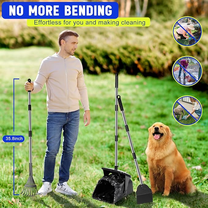 39.8'' Long Handle Dog Pooper Scooper with 20 Bag Attachment Heavy Duty Swivel Bin, Rake & Spade Easy to Clean Poop Scooper for Large Medium Dogs Pet Waste Removal Solution for Yard, Grass, Gravel