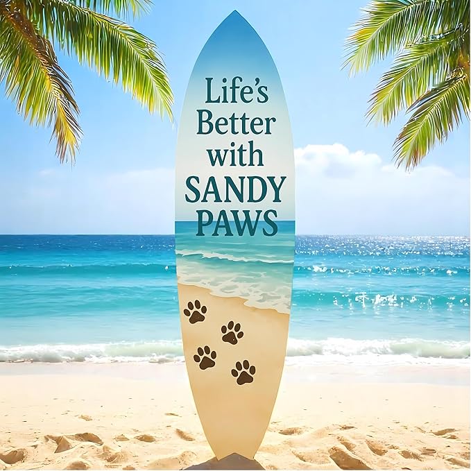 JennyGems Outdoor Decorative Surfboard Wall Art, Pet Wall Decor for Porch, Pool, Fence, PVC Beach House Decoration, Life's Better Sandy Paws, 3 foot