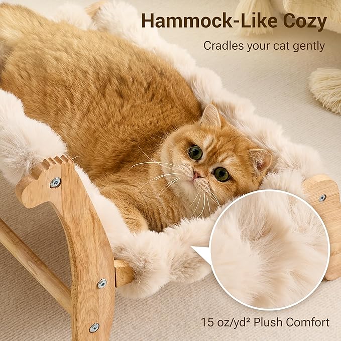 Solid Wood Cat Couch Bed for Indoor Cats, Modern Cat Sofa with Ultra-Soft Plush Surface Washable, Reclined Backrest, Elevated Plush Cat Lounge for Small to Adult Cats, Soft Khaki