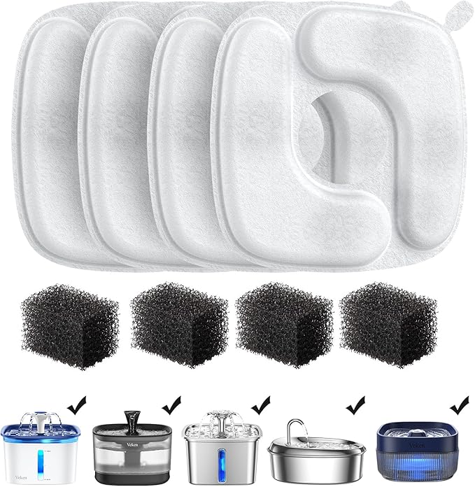 Veken Cat Water Fountain Filters, 4 Pack Replacement Filters & 4 Pack Replacement Pre-Filter Sponges Set for 50oz, 84oz, 95oz or 108oz Automatic Pet Fountain Dog Water Dispenser