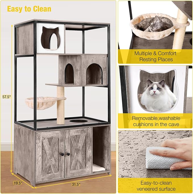 Aivituvin Cat Litter Box Enclosure, Litter Box Furniture Hidden, Wooden Cat Washroom Furniture, Indoor Cats House with Condo, Hammock, Scratching Mat and Storage Shelves-Greige