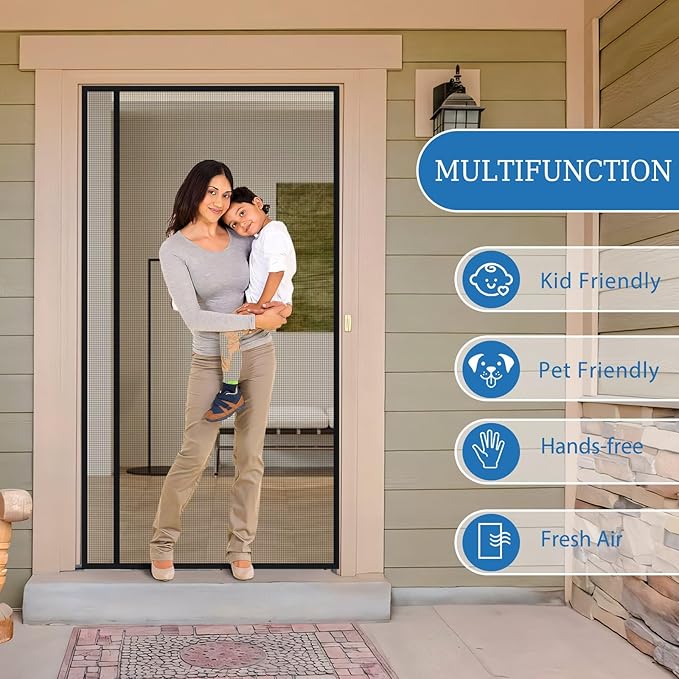 Magnetic Screen Door Mesh Left Right Side Opening Upgraded PET Material Mesh Stronger Than Fiberglass and Polyester,Keep Bugs Out,Pet & Kid Friendly Fit Door Size 96"X80",Screen Size 98''X82''