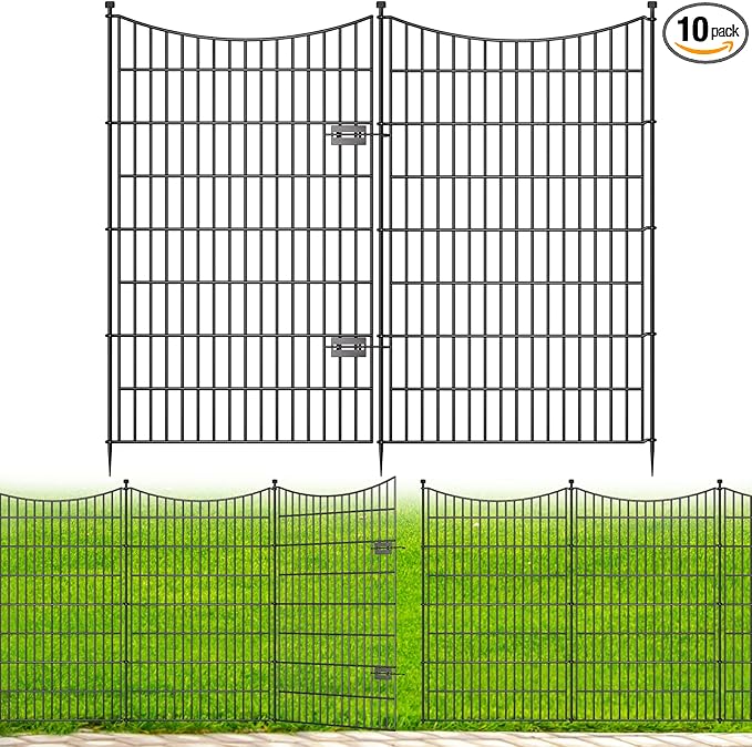 10 Panels Decorative Garden Fence with Gate, 48 in(H) X 26.25 ft(L) No Dig Dog Fence Animal Barrier Outdoor for Yard, Rustproof Metal Garden Edging and Borders, Temporary Fencing Stakes