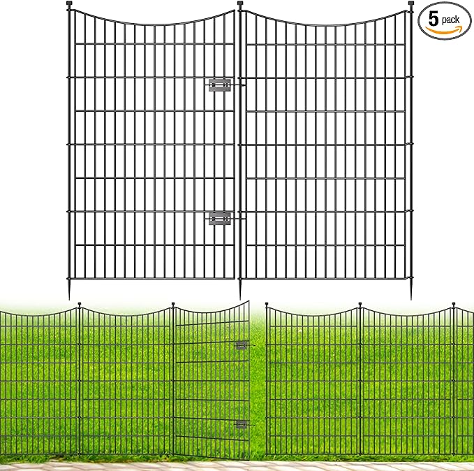 5 Panels Decorative Garden Fence with Gate, 48 in(H) X 13.13 ft(L) No Dig Dog Fence Animal Barrier Outdoor for Yard, Rustproof Metal Garden Edging and Borders, Temporary Fencing Stakes