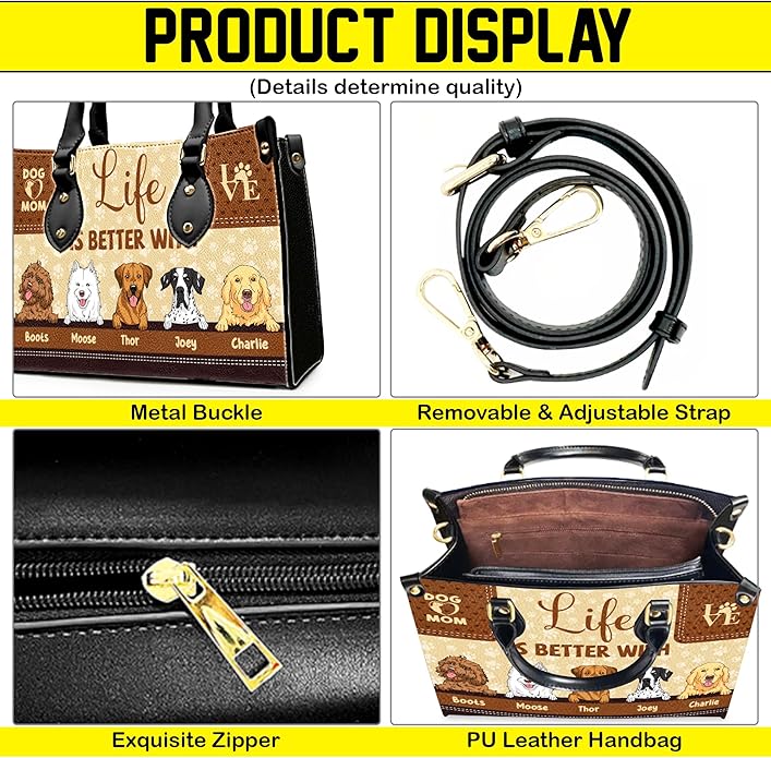Personalized Pet Mom Leather Handbag – Custom Name Dog Cat Photo Purse, Pet Lover Gifts for Women, Christmas