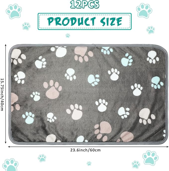 Tegeme 12 Pcs Pet Blankets Soft Fluffy Fleece Dog Cat Warm Paw Print Pattern Blankets Flannel Throw for Pets Dog Puppy Cat(23 x 16 Inch,Dark Gray)