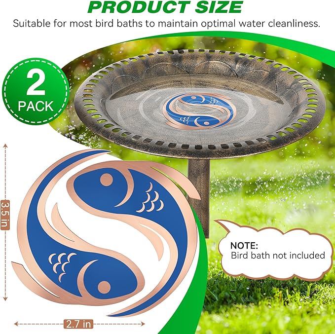 Saillong 2 Pack Bird Bath Copper Disk, Reinforced 99.99% Pure Copper Bird Bath Purification Disk for Physical Clean Water, Birdbaths Cleaner for Outdoor Birdbaths, Bowl and Garden Fountain (Fish)