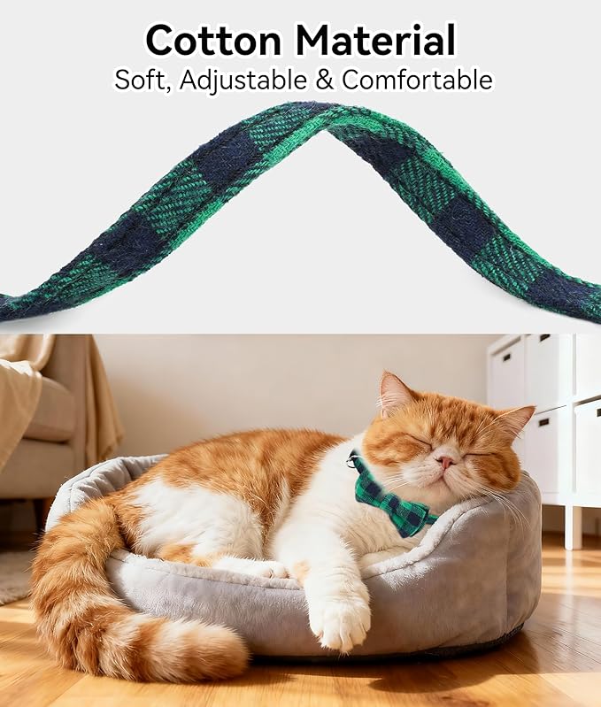 Joytale Upgraded Cat Collar with Bells, Breakaway Cat Collars with Bow Tie, 1 Pack Girl Boy Safety Plaid Kitten Collars, Green