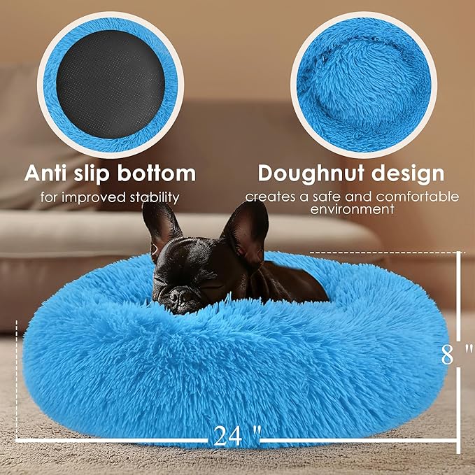 Dogs Bed for Small Dogs, Anti-Anxiety Washable Round Bed (Light Blue, 24.0" L x 24.0" W x 8.0" Th)