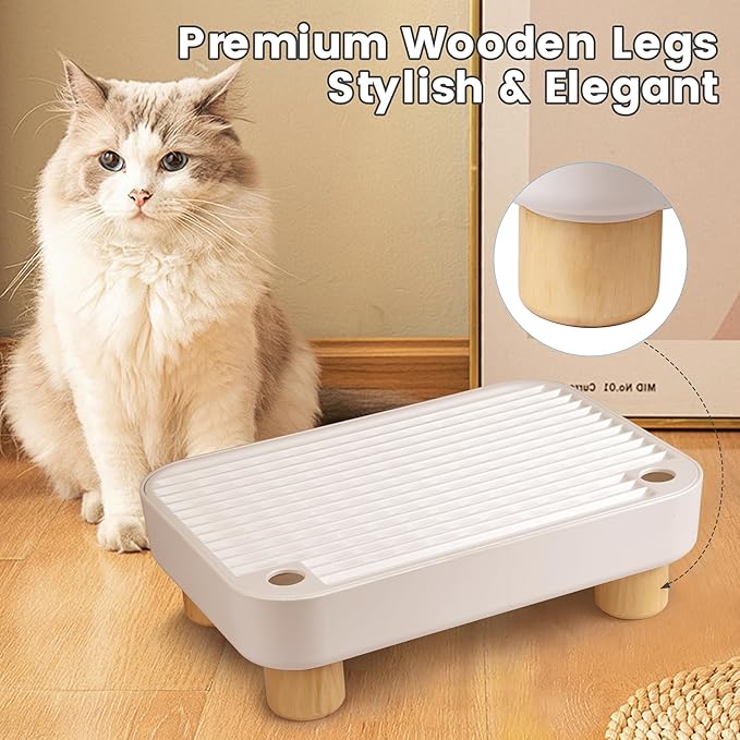 Litter Box Step, Litter Box Ramp/Catcher with Wooden Base, Anti-Tracking & Easy to Clean, Ideal for Small & Elderly Cats (White)
