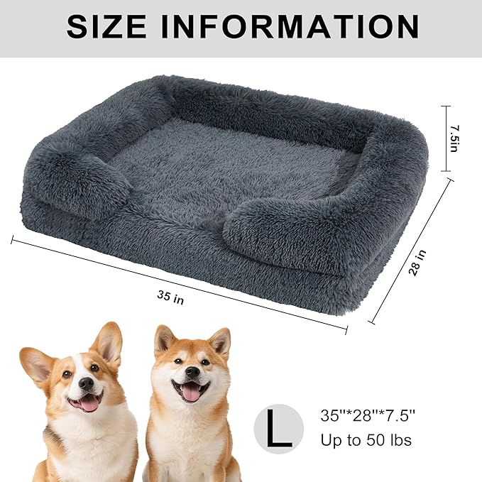 Orthopedic Dog Bed Large Dogs of Comfortable Memory Foam Pet Bed with Sides,Fluffy Dog Couch Sofa Bed with Anti-Slip Bottom Dark Grey L