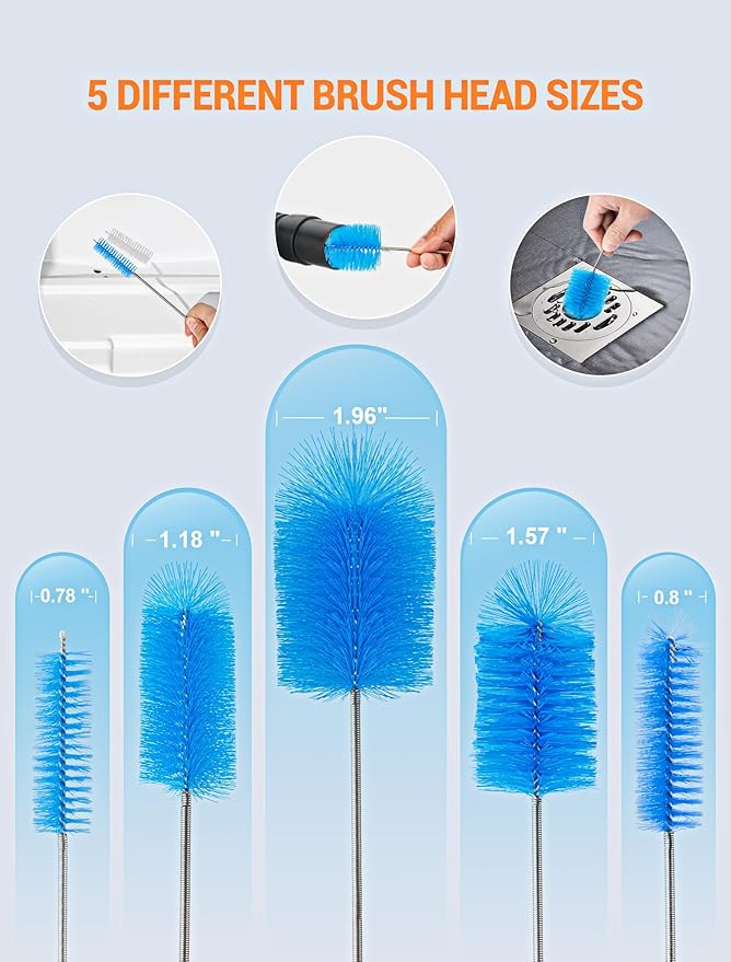 66" Flexible Drain Brush Tool with Large Brush Head and Double Elastic Nylon Ends, Stainless Steel Long Tube Cleaning Brushes for Kitchen, Sink, Drain Pipe and Long Pipe Cleaning
